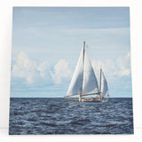 Black and white image of a sailboat on a stretched canvas, ideal for kitchen wall art or bedroom.