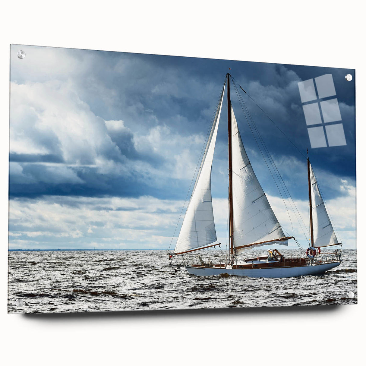 Acrylic print of a sailboat in muted blue and white tones, ideal for modern bedroom or dining room decor.