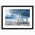 Extra large abstract art print of a colorful sailboat, textured appearance on a black framed mat.