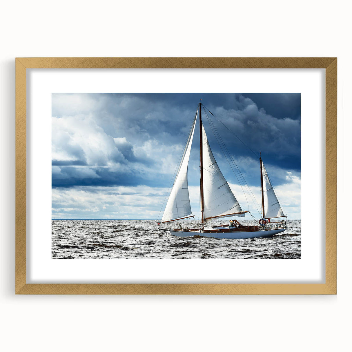 Abstract textured art print of a sailboat in muted blue and gray, framed in gold, suitable for bedroom art.