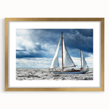 Abstract textured art print of a sailboat in muted blue and gray, framed in gold, suitable for bedroom art.