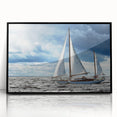 Large abstract wall art of a sailboat in monochrome, framed in black acrylic, ideal for modern living room decor.