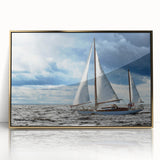 Mid-century modernist art of a sailboat, framed acrylic in gold, using muted blue and white tones.