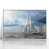 Mid-century modernist art of a sailboat, in muted blue and white tones, framed acrylic, ideal for nursery wall art.