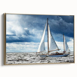 Framed canvas of a vintage sailboat on a colorful sea, ideal for a nautical-themed room decor.