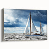 Vintage poster art of a colorful sailboat on black background, printed on extra large framed canvas.