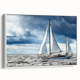 Framed canvas featuring a vintage-style sailboat in black and white, ideal for bedroom wall art.