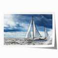 Rolled print of a sailboat on calm waters in muted blue tones, suitable for dining room wall art.