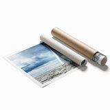 Sailboat on calm waters in muted blue tones, rolled canvas print, ideal for classy bathroom wall art.