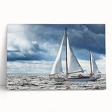 Black and white photo of a sailboat on stretched canvas, ideal for kitchen wall art or bedroom ambiance.