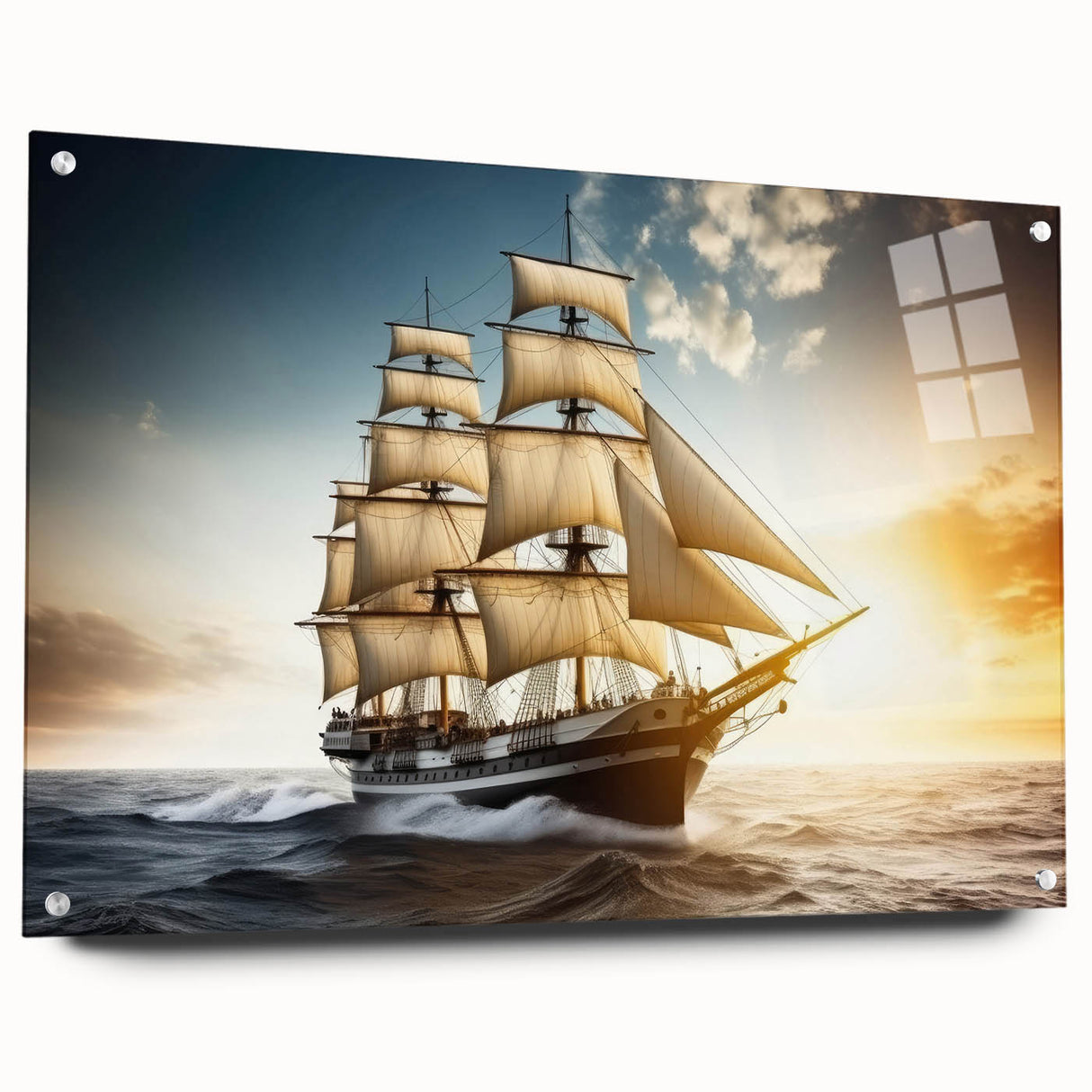 Acrylic print of a side-view sailboat in neutral and blue tones, suitable for bedroom or dining room decor.