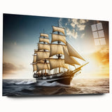 Acrylic print of a large abstract sailboat in blue and white tones, ideal for bedroom or dining room art.