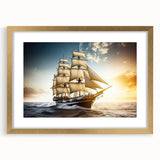 Abstract sailboat depicted in textured art on a gold-framed canvas, using muted blues and whites, ideal for bedroom art.