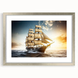 Abstract art print of a sailboat in pastel blue and silver hues on a framed canvas, suitable for dining room decor.