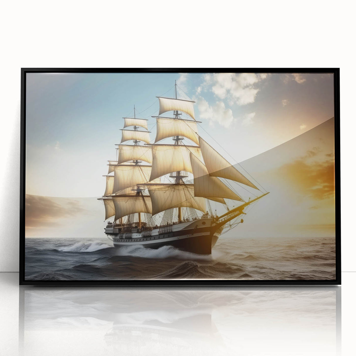 Large abstract wall art of a sailboat in muted gray and blue tones on a framed acrylic, ideal for modern art wall decor.