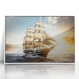 Mid-century modernist art print of a sailboat, in muted blues and whites, acrylic framed, ideal for modern bedroom ambiance.