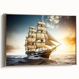 Framed canvas featuring a vintage-style sailboat on a vibrant, colorful sea.