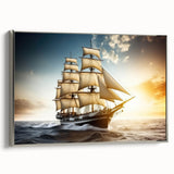 Vintage poster art of a sailboat on a silver-framed canvas, featuring a black and colorful palette.