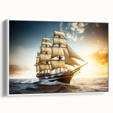 Framed canvas featuring a vintage sailboat landscape in black and white, ideal for bedroom wall art.