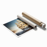 Extra large wall art featuring a minimalist sailboat design in muted blue tones on rolled canvas.