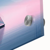 Large abstract sailboat print in blue and white tones on acrylic glass, fitting as mid-century modernist dining room art.