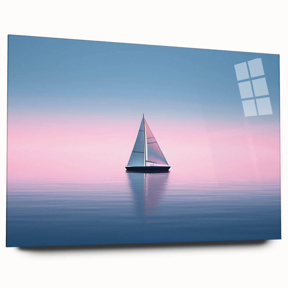 Acrylic print of a sailboat in blue and white tones, suitable for bedroom or dining room art.