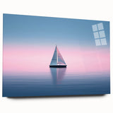 Acrylic print of a sailboat in blue and white tones, suitable for bedroom or dining room art.