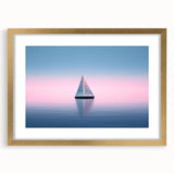 Textured art print of an abstract sailboat in muted blue and white tones on a gold-framed canvas, suitable for bedroom decor.
