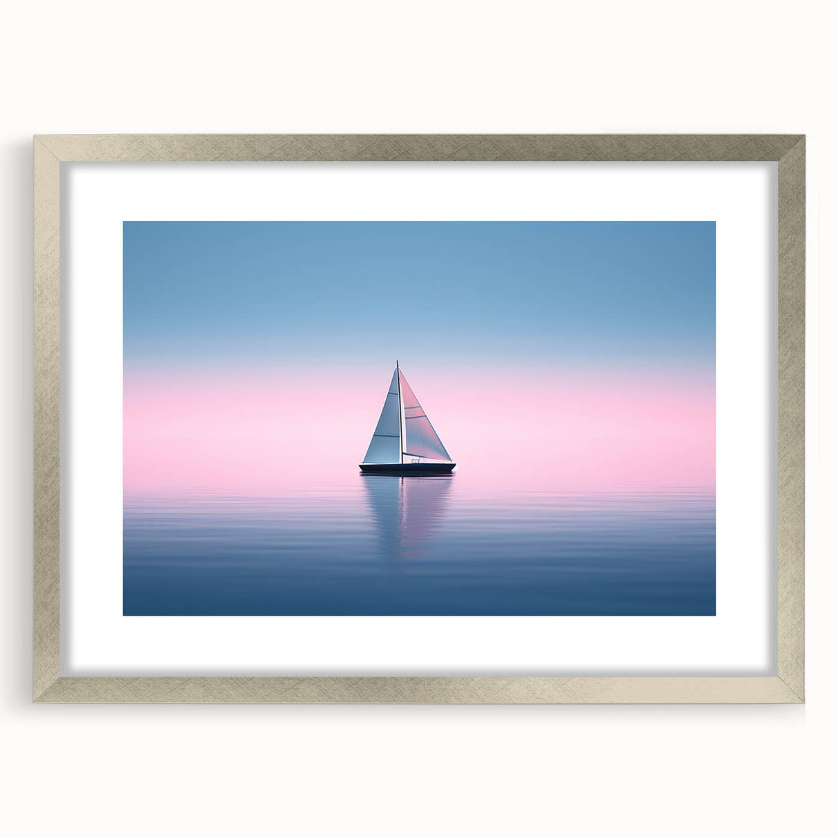 Abstract art print of a sailboat in muted blue and silver tones on a framed canvas, ideal for dining room decor.