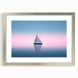 Abstract art print of a sailboat in muted blue and silver tones on a framed canvas, ideal for dining room decor.