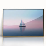 Mid-century modernist art depicting a sailboat in muted blue tones on a framed acrylic, ideal for nursery wall art.