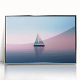 Art deco style sailboat on muted blue and gray, silver-framed acrylic print, suitable for modern art wall decor.