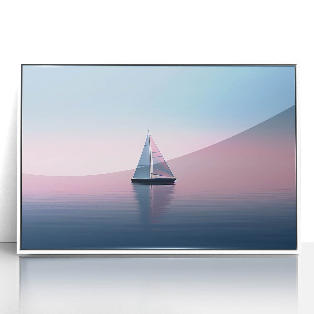 Acrylic print of a sailboat on the ocean in mid-century modernist style, with soft blue and white tones, framed in white.