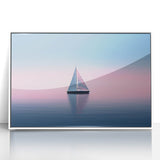 Acrylic print of a sailboat on the ocean in mid-century modernist style, with soft blue and white tones, framed in white.