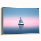 Vintage poster art of a sailboat, rendered in black with colorful accents on a silver-framed, extra large canvas.