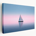Sailboat on a calm sea depicted in muted blue and white tones on a large stretched canvas, ideal for kitchen wall art.