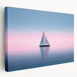 Sailboat on a calm sea depicted in muted blue and white tones on a large stretched canvas, ideal for kitchen wall art.