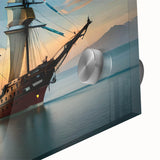 Large abstract sailboat art print in blue and white tones on acrylic glass, suitable for dining room ambiance.