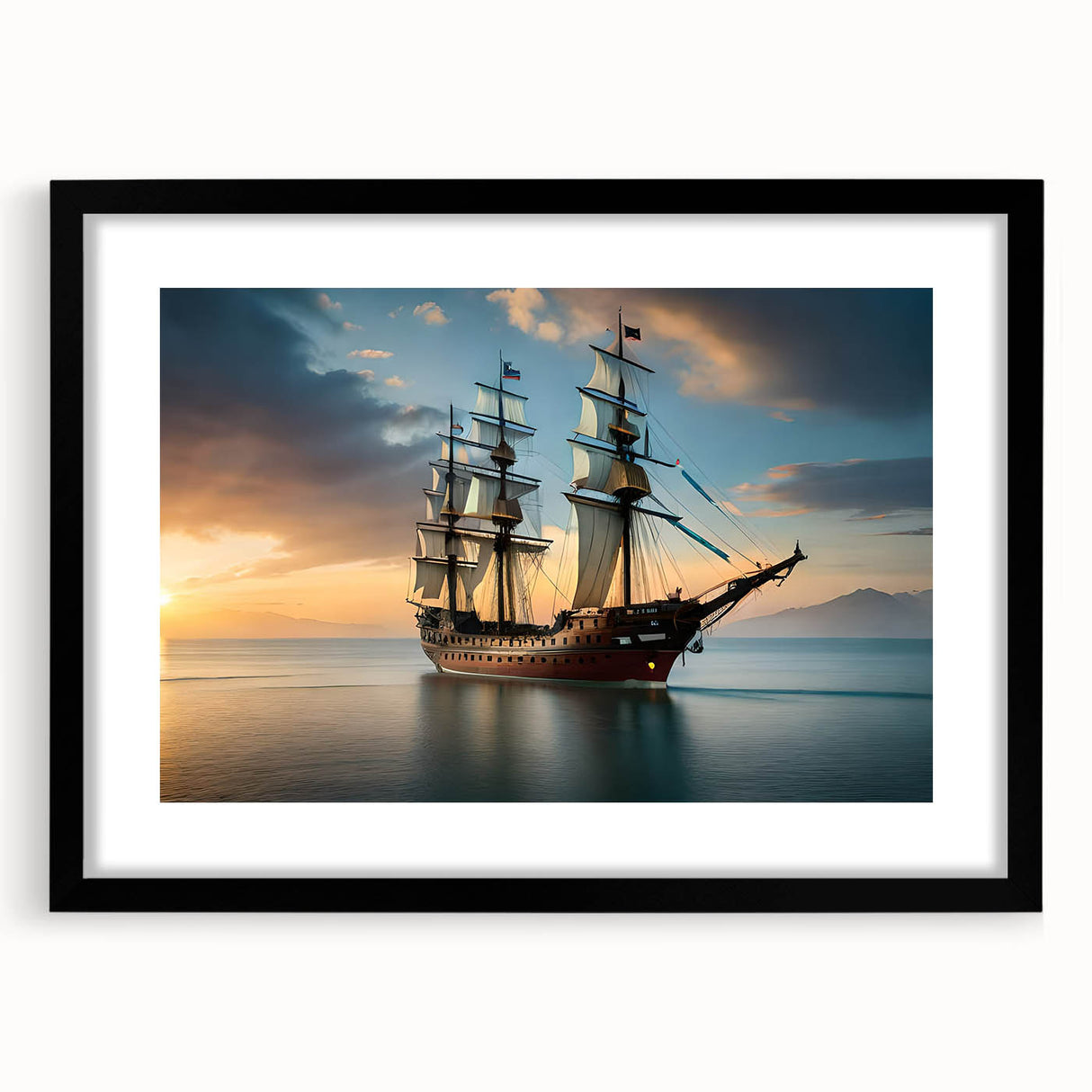 Extra large abstract art print of a colorful sailboat on a textured canvas, framed in black, suited for living room decor.