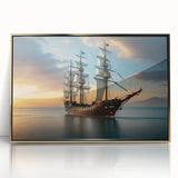 Mid-century modernist art depicting a sailboat, in vibrant blue and white tones, acrylic print framed in gold.