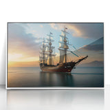 Mid-century modernist sailboat depicted in vibrant blue and white tones, acrylic print in a white frame.