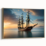 Landscape art painting of a vintage sailboat on a colorful sea, framed canvas in gold, ideal for office decor.