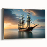 Vintage poster art of a sailboat in colorful hues on a black background, framed canvas, ideal for living room decor.