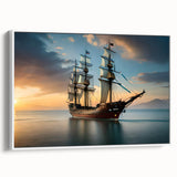 Framed canvas featuring a vintage sailboat on a muted black and gray sea, ideal for bedroom wall decor.