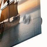 Mid-century modernist style sailboat depicted in large abstract wall art with vibrant blues on acrylic glass.