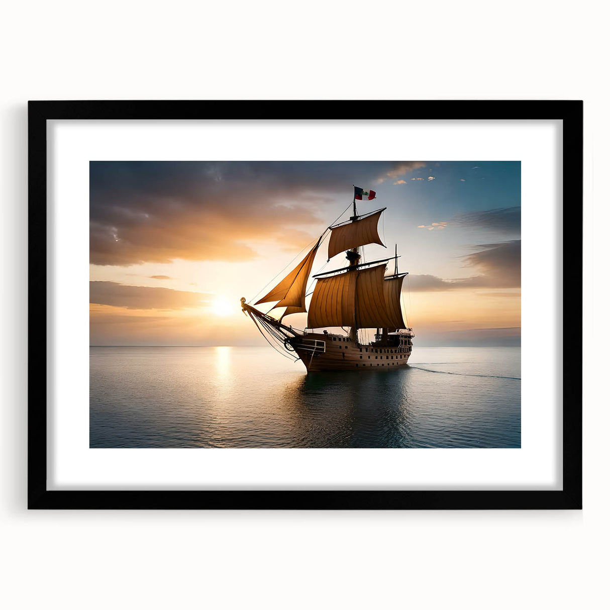 Extra large abstract art print of a colorful sailboat on textured canvas, framed in black, ideal for living room decor.