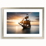 Abstract art print of a sailboat in muted blue and white tones, framed in silver, suitable for dining room decor.