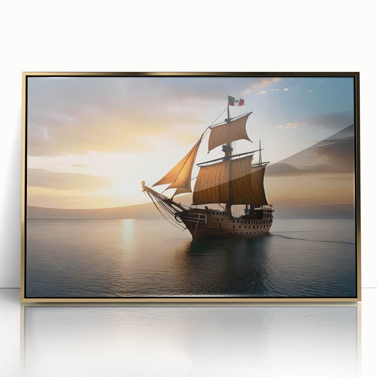 Mid-century modernist art deco sailboat on a calm sea, in a gold framed acrylic, ideal for nursery wall art.