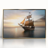 Mid-century modernist art deco sailboat on a calm sea, in a gold framed acrylic, ideal for nursery wall art.