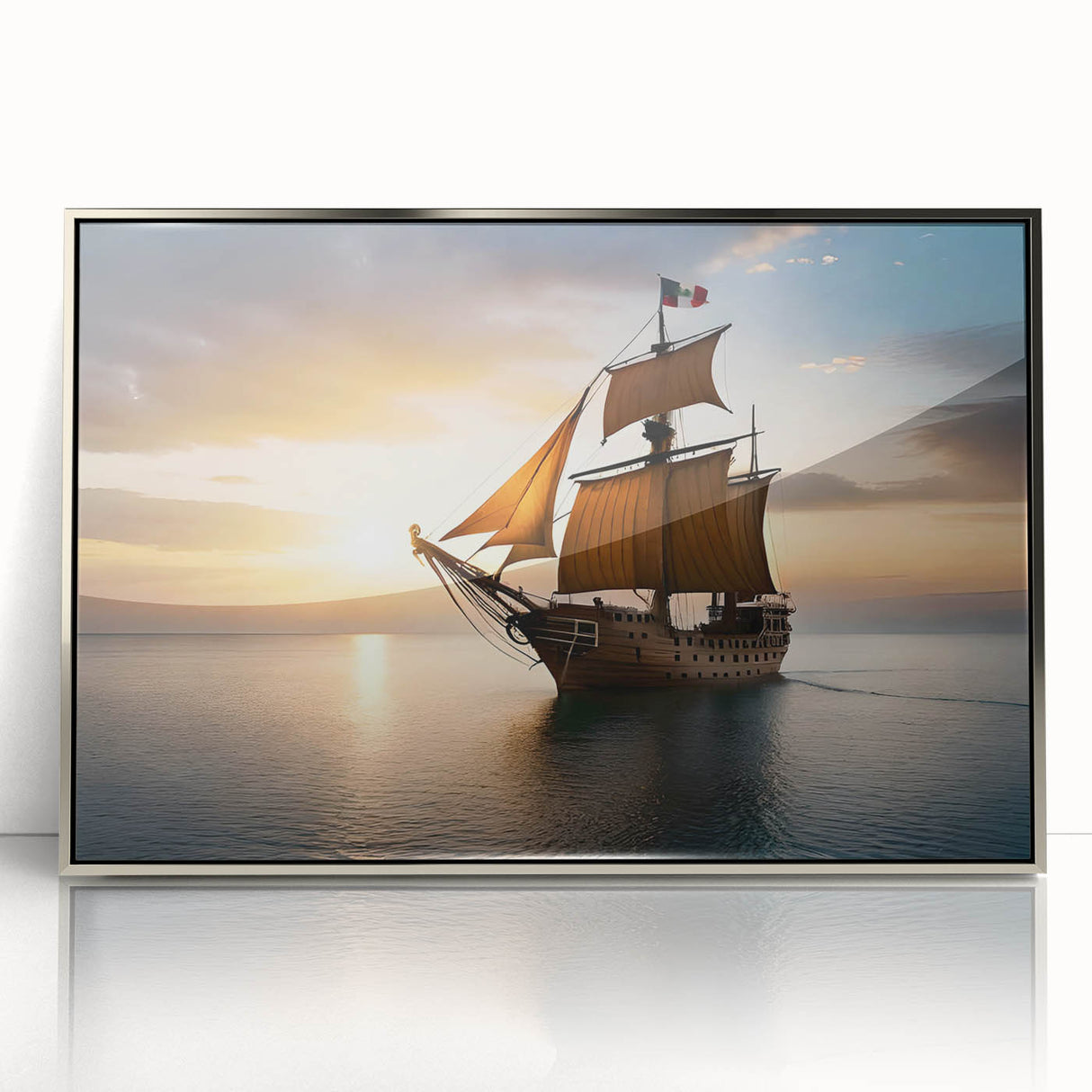 Framed acrylic print depicting a sailboat in silver and blue tones, ideal for modern art wall decor in a nursery.